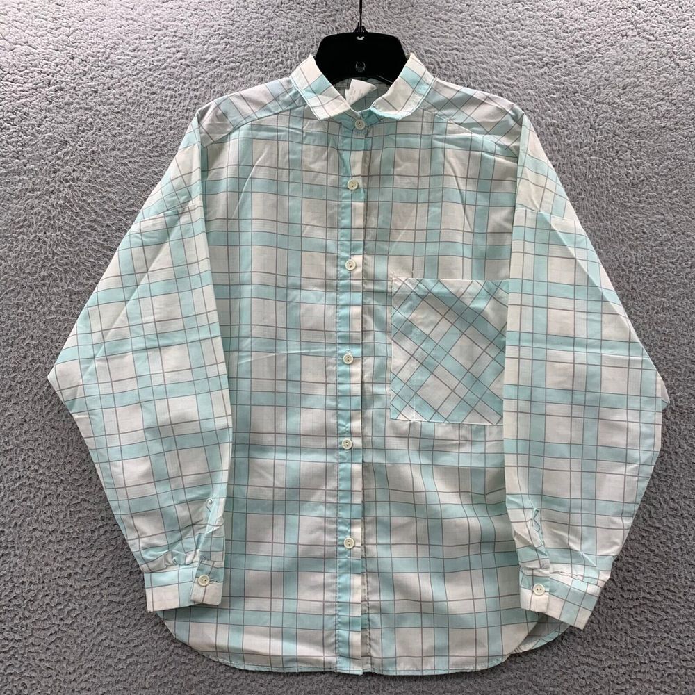 VTG FRITZI Shirt Womens Medium Plaid Button Up Blouse Top Long Sleeve White Blue